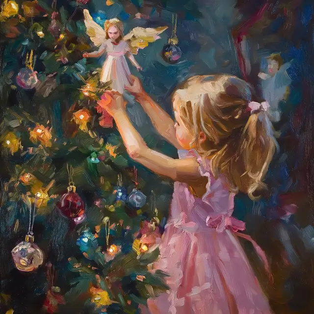 Oil painting of a little girl in a pink dress placing decorations on a Christmas tree.