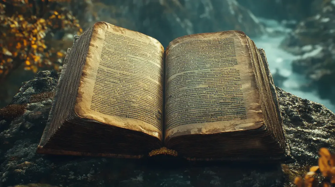 Open book resting on a rough, textured rock in a peaceful natural setting with natural light casting shadows.