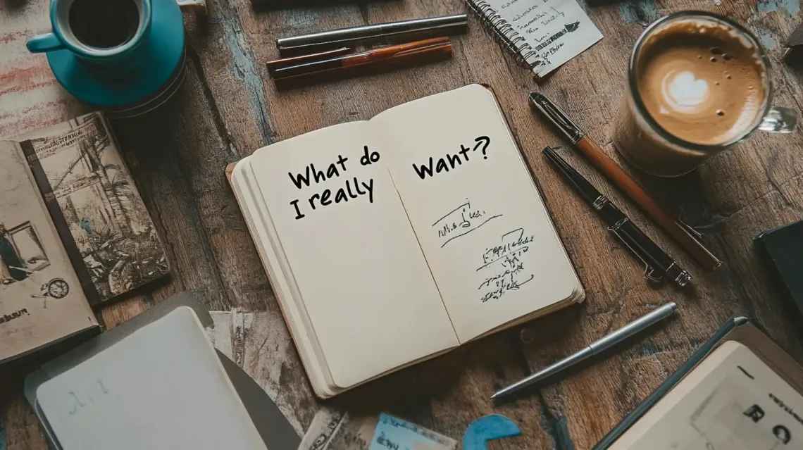 Open notebook filled with some text, placed on a dark wood table in a calm and focused environment.