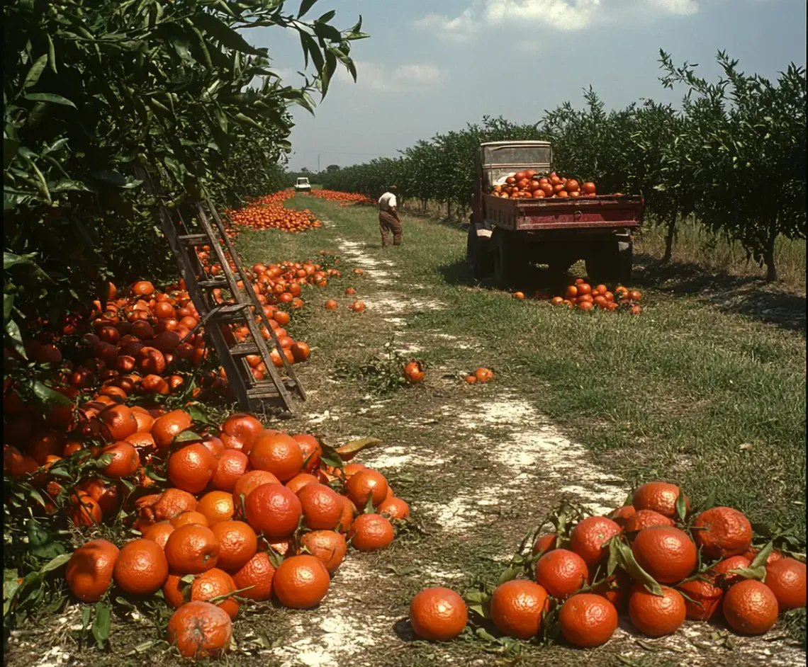 Truck parked in a tranquil, rural field laden with ripe oranges, showcasing harmonious coexistence of man and nature.