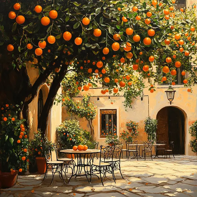 Painting of orange tree filled with many ripe oranges.