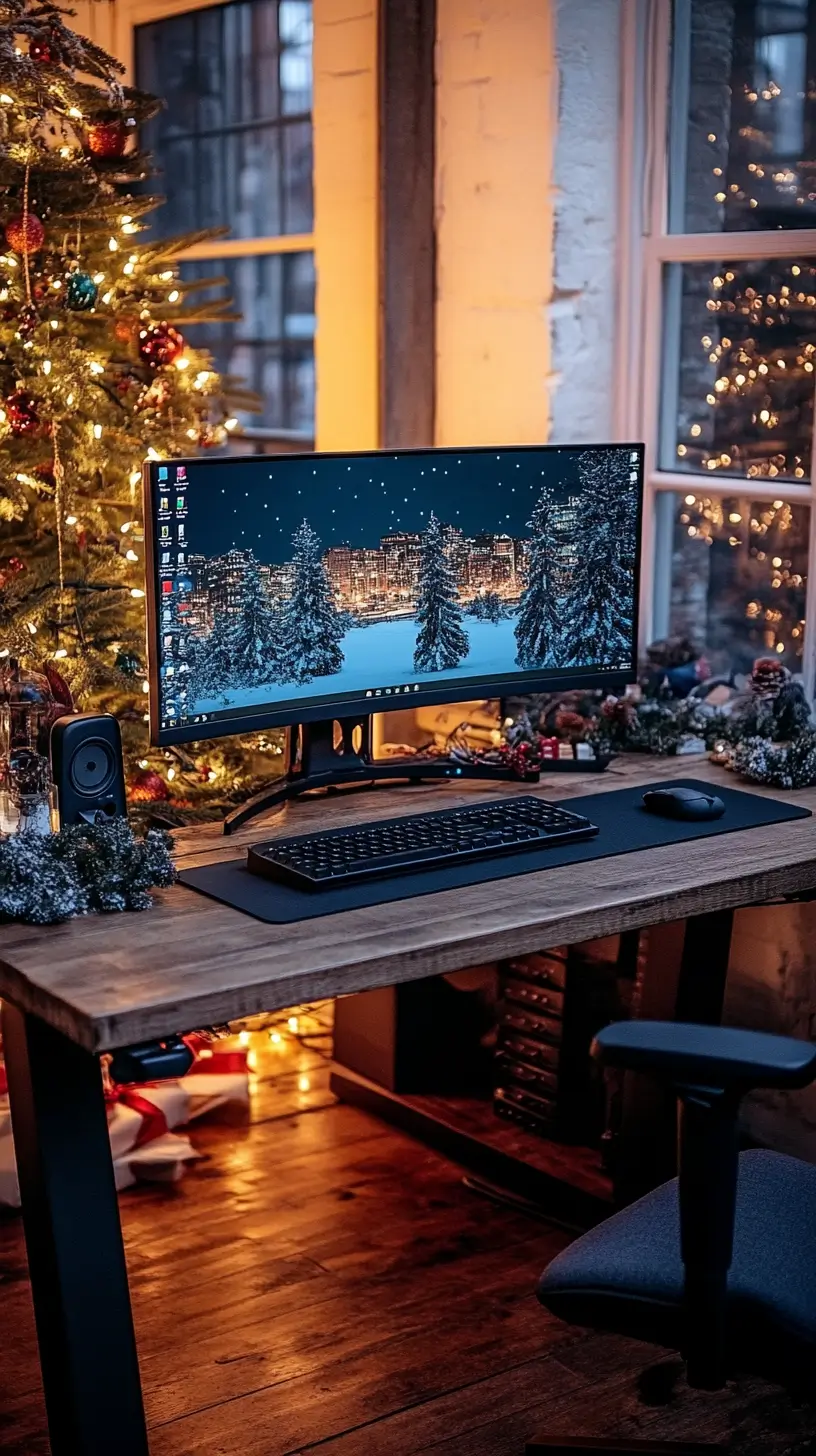 Organized computer desk with in front of a window with a decorated Christmas tree in the background.