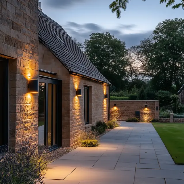 Luceco outdoor wall lights illuminating a UK house with a driveway.