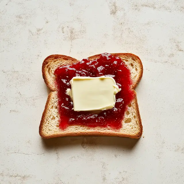 Overhead view of toast with butter and jam.