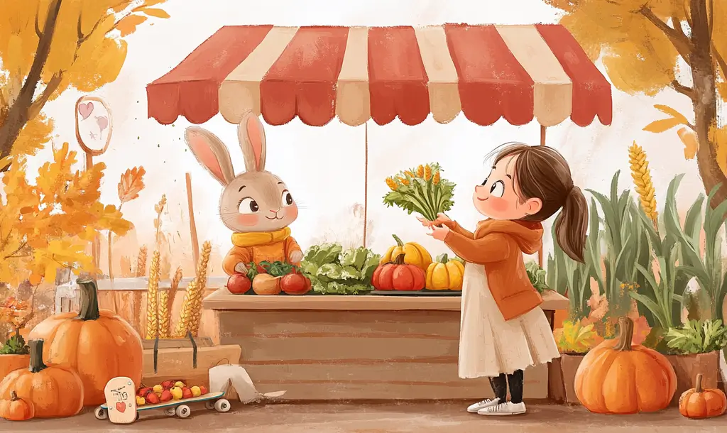 Painting of a cute rabbit and a girl selling vegetables.