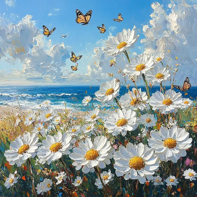 Painting of white daisies with flying butterflies.