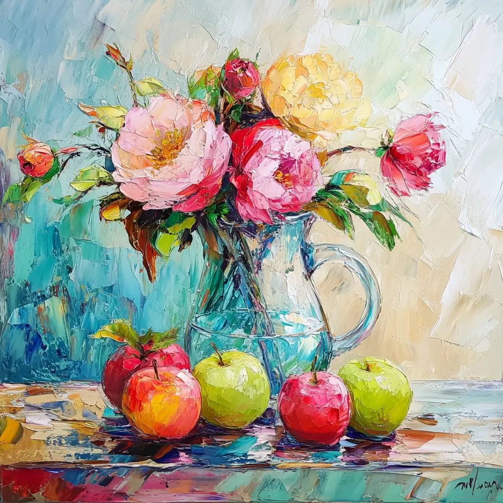 Painting of a vase with colorful flowers and ripe apples, symbolizing beauty, abundance and vitality.