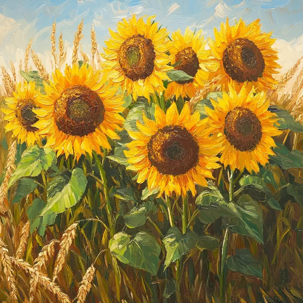 Beautiful painting of vibrant yellow sunflowers standing out in a golden wheat field, evoking a sense of tranquility.