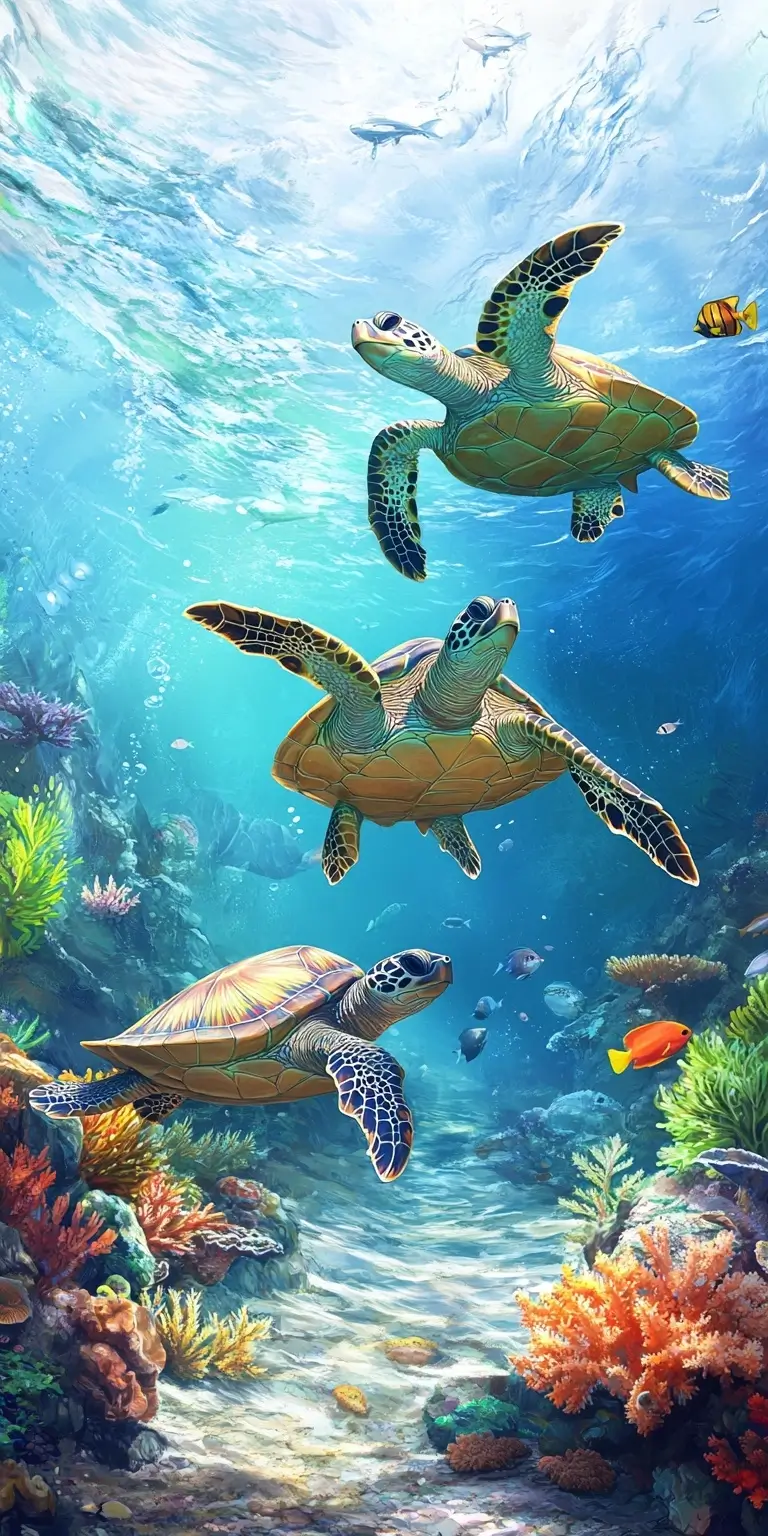 Painting of three turtles swimming effortlessly among vibrant corals in the clear blue ocean waters.