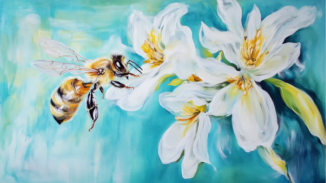 Intricate painting of a bee hovering over a colorful, vibrant flower, creating a balanced, eye-catching scene.