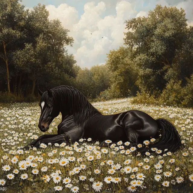 Painting of a black horse lying down in a field of daisies.