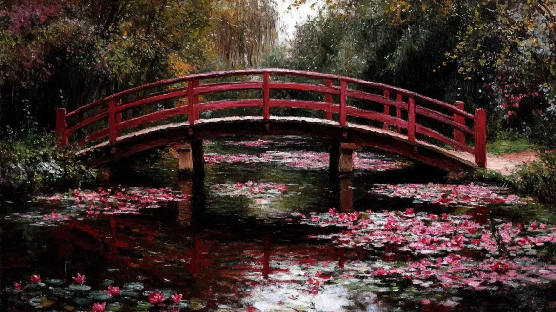 Painting of a graceful bridge arching over a tranquil pond filled with vibrant water lilies.