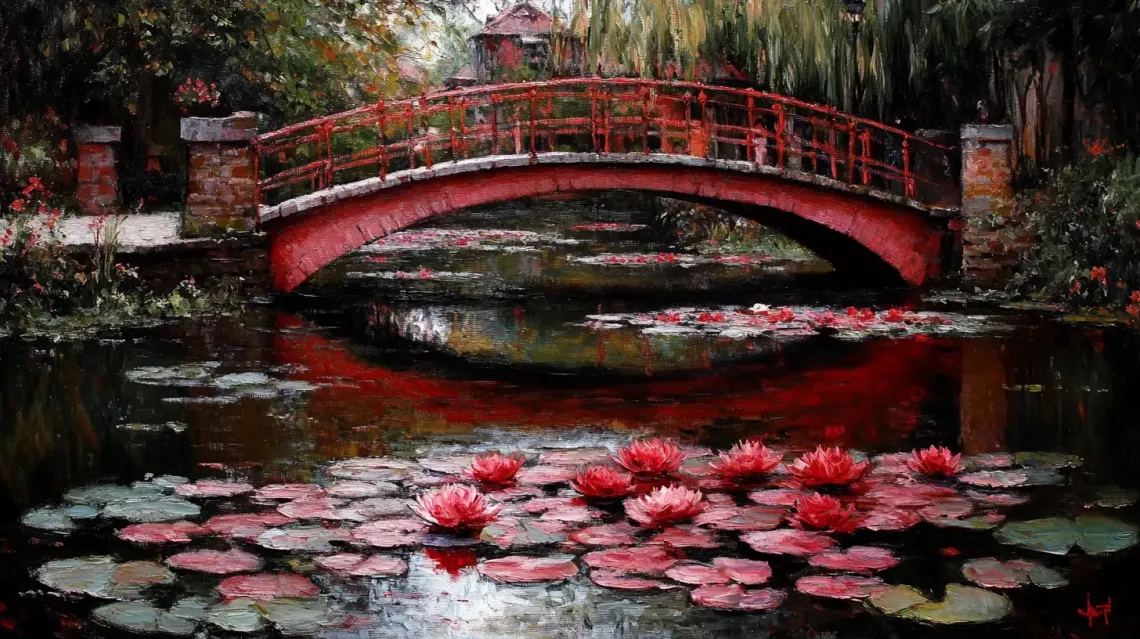 Painting of a graceful bridge over a tranquil pond filled with vibrant water lilies surrounded by lush greenery.