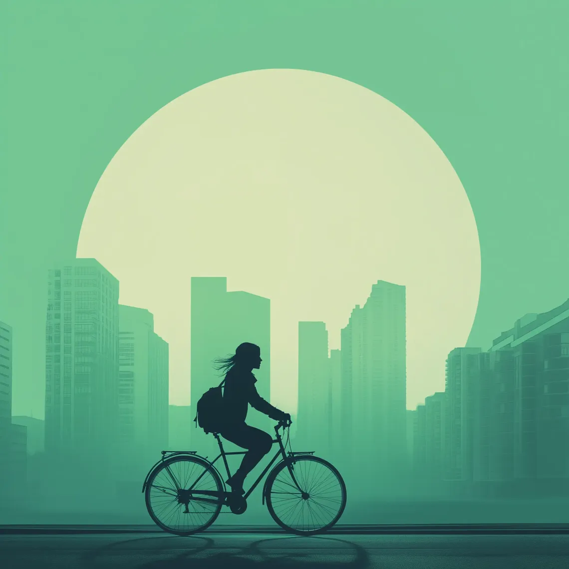 Painting of a cyclist navigating through bustling city buildings in the background.