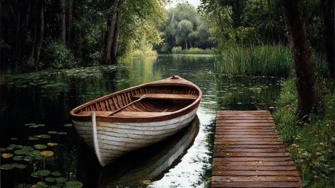 Painting of a boat docked on a rustic wooden dock on a tranquil lake reflecting greenery.