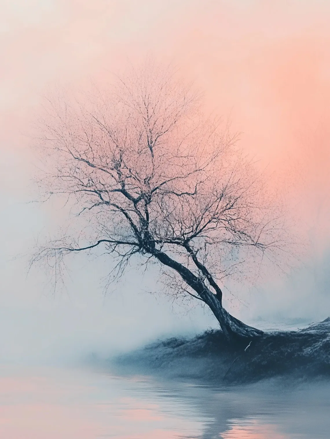 Painting of a single resilient tree on a rock in the middle of calm water, portraying serene beauty and strength.