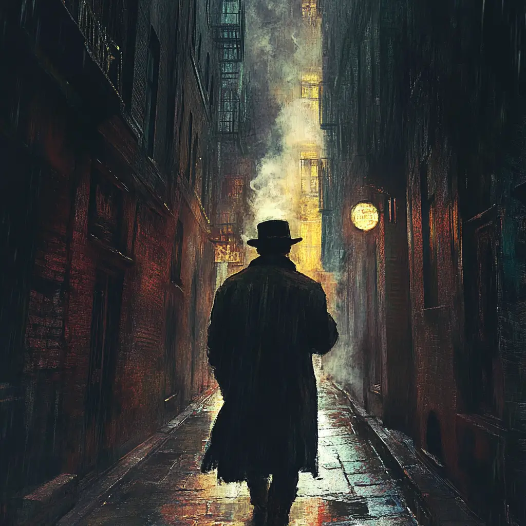 Painting of a man in warm clothing walking alone down an empty, serene alley.