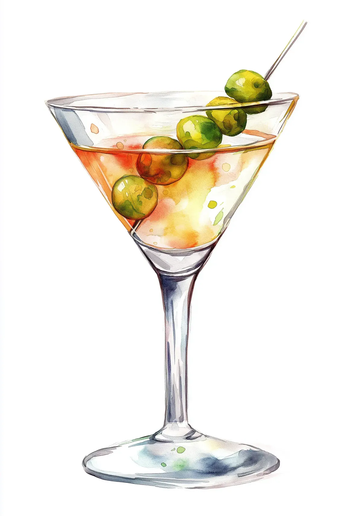 Painting of a elegant martini cocktail served in a glass and garnished with olives.