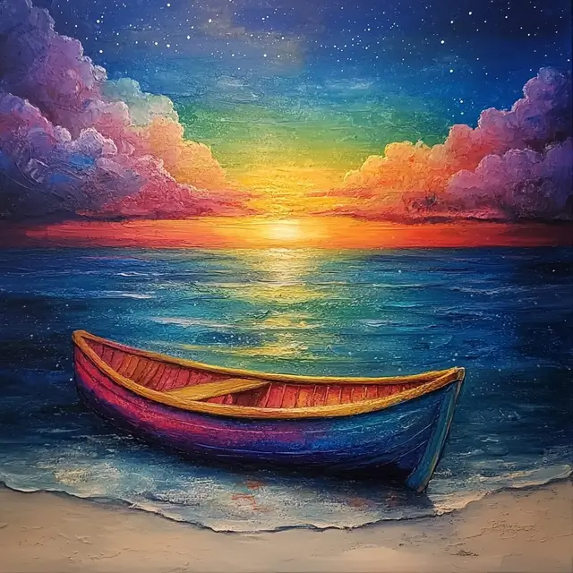 Painting of a vibrant rainbow-colored boat on water.