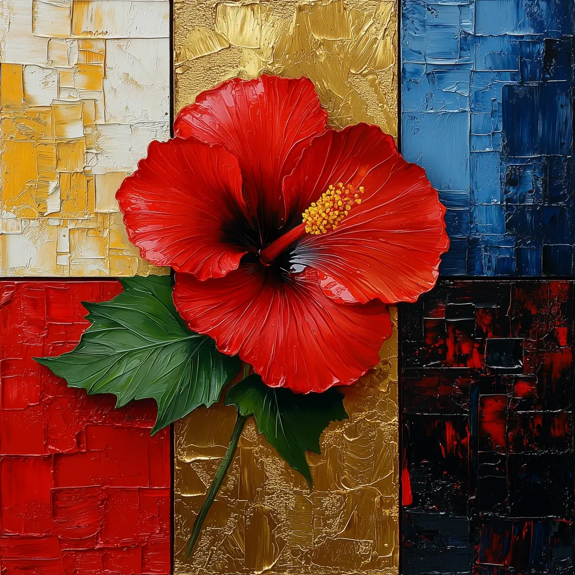 Painting of a vibrant red flower in full bloom placed on a colorful mosaic tile with intricate patterns.