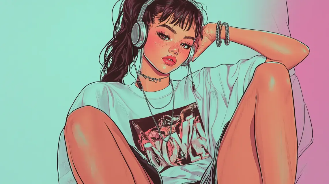 Painting of a young girl sitting relaxed, enjoying music through her headphones.