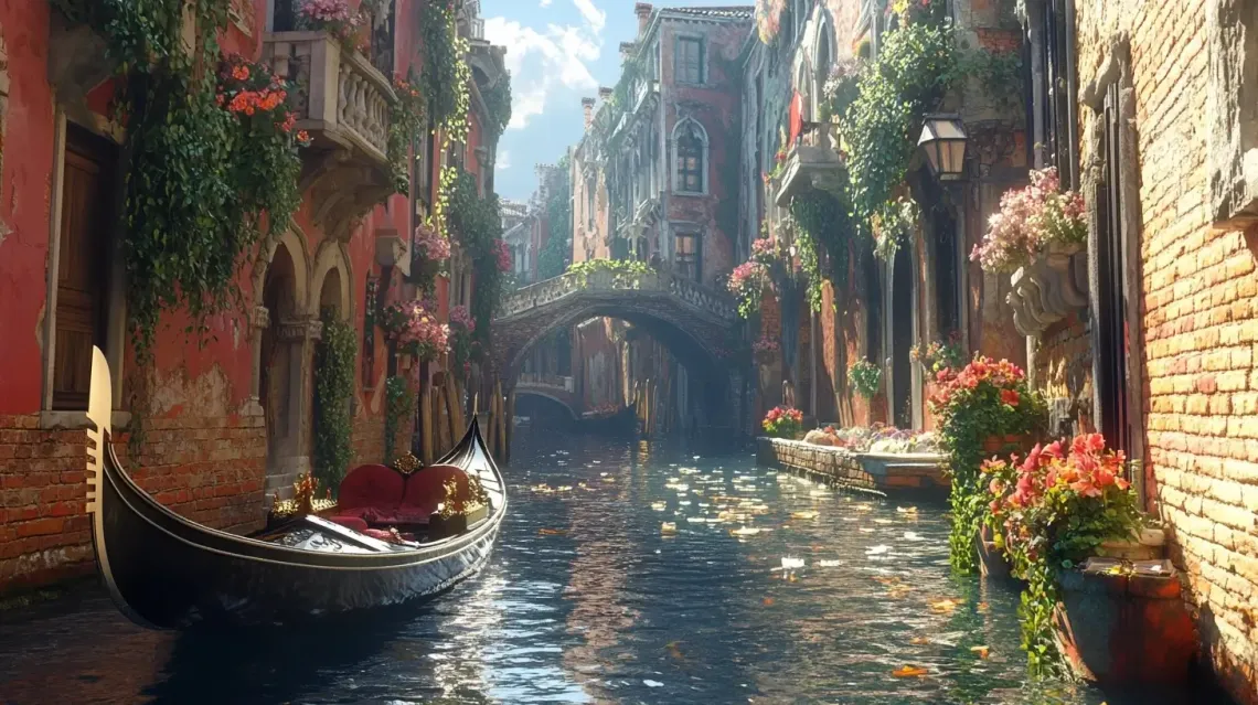 Painting of an ornate gondola navigating a narrow flower-adorned canal, reflecting the flowers in water.