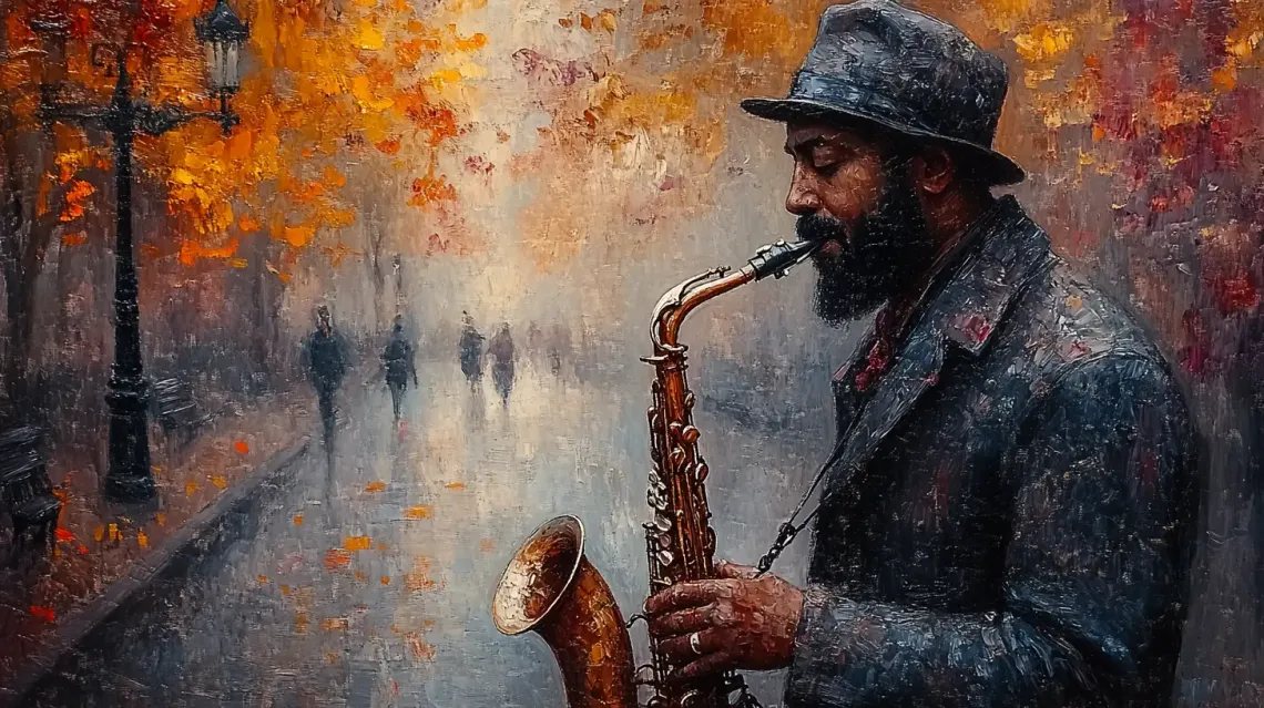 Detailed painting of a man passionately playing an intricately designed saxophone with a simple background.