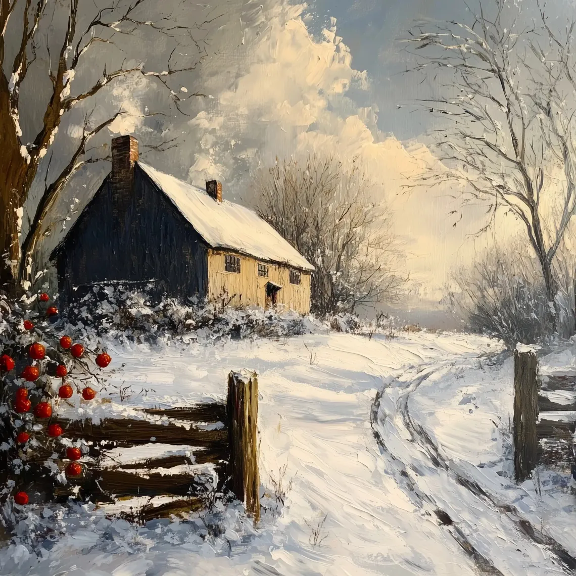 Painting of a serene winter scene of a snowy country road leading to a rustic barn, with contrasting trees.