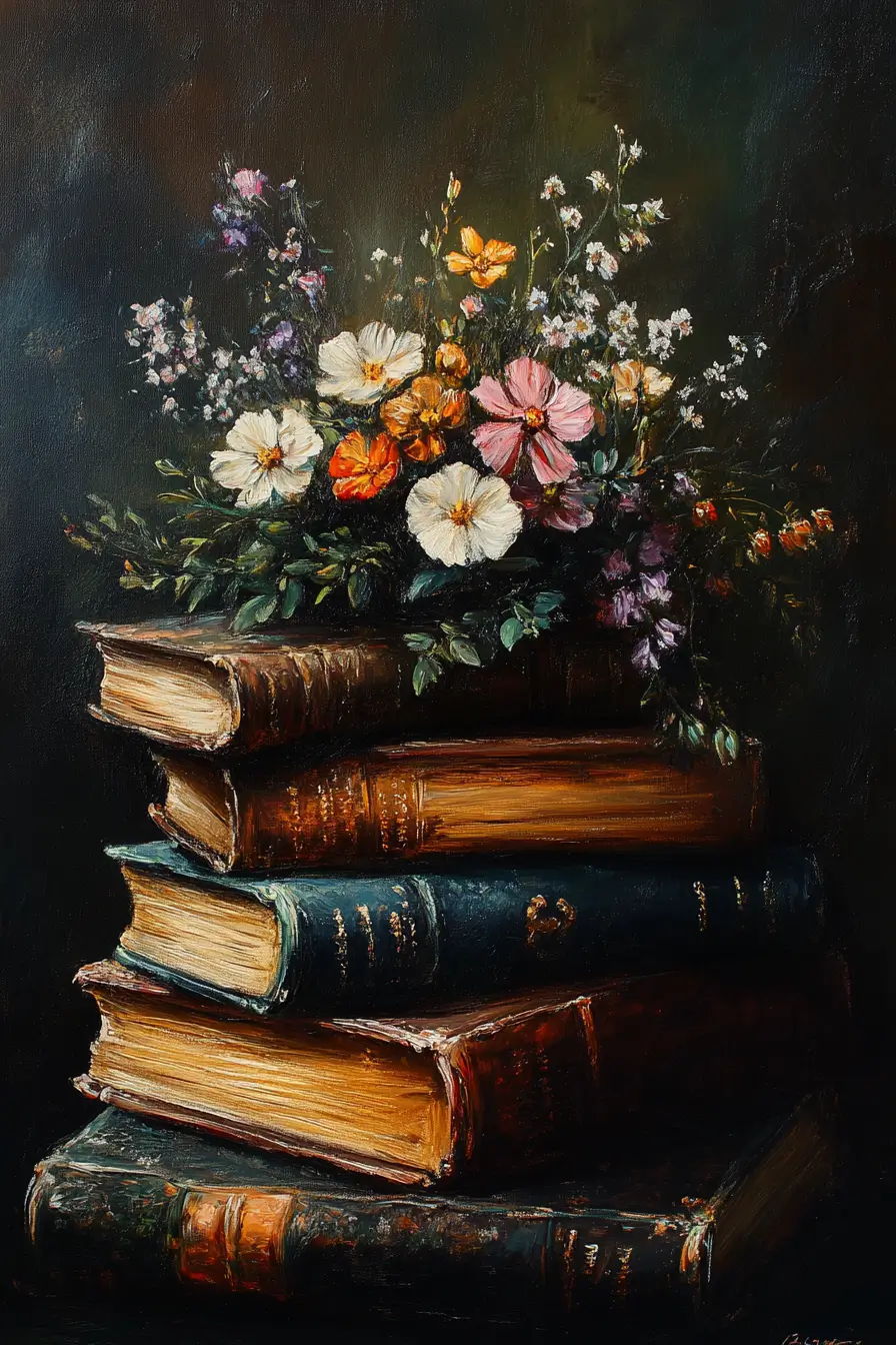 Detailed painting of a stack of colorful books topped with an elegant flower arrangement in soft pastel hues.