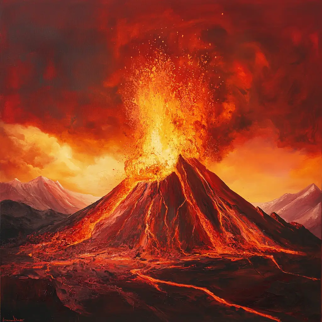 Painting of a volcano erupting from a majestic mountain with vibrant colors showcasing its destructive force.