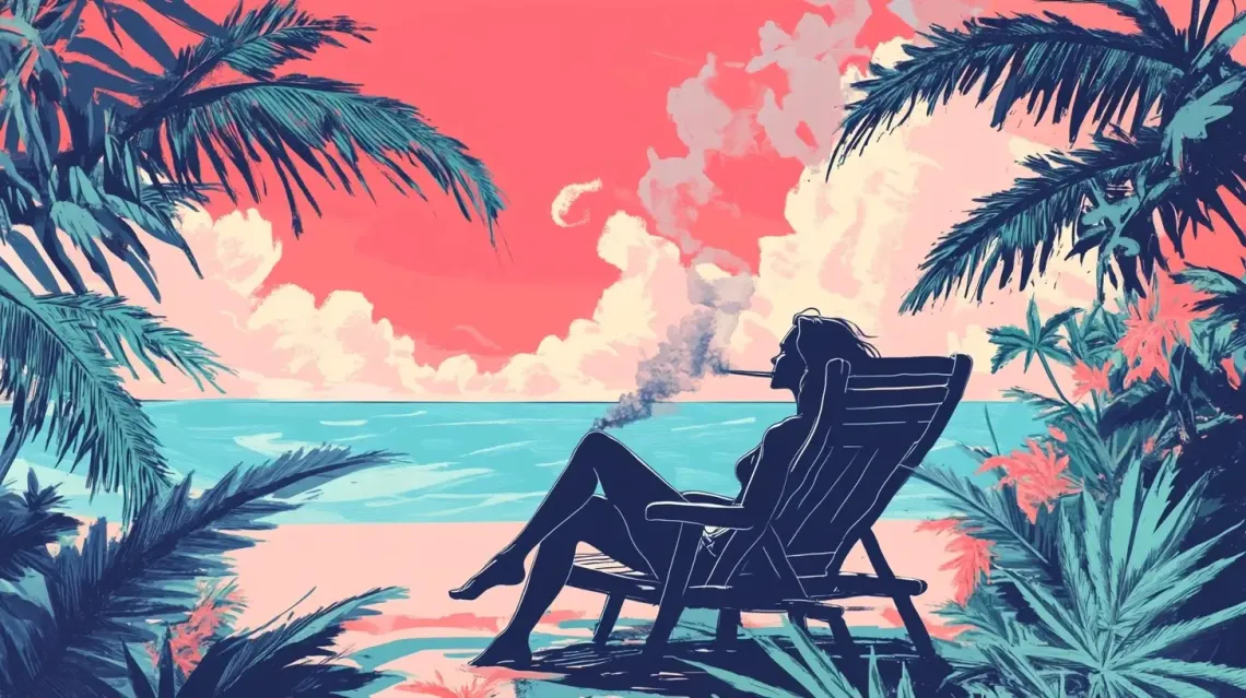 Painting of a woman sitting contently in a comfortable chair on a serene sandy beach.