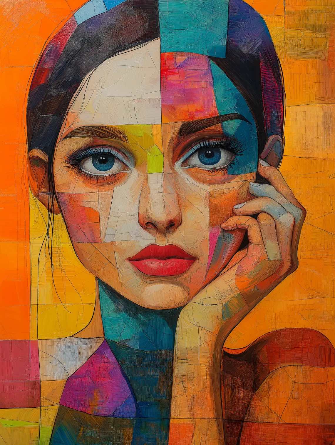 Vibrantly colored and artistically rendered painting of a woman's face.