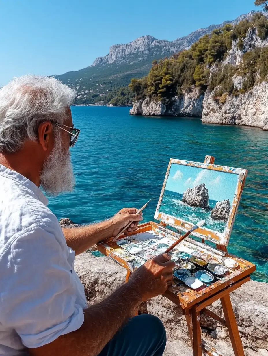 Man engrossed in painting on a rocky cliff overlooking the ocean and mountains.