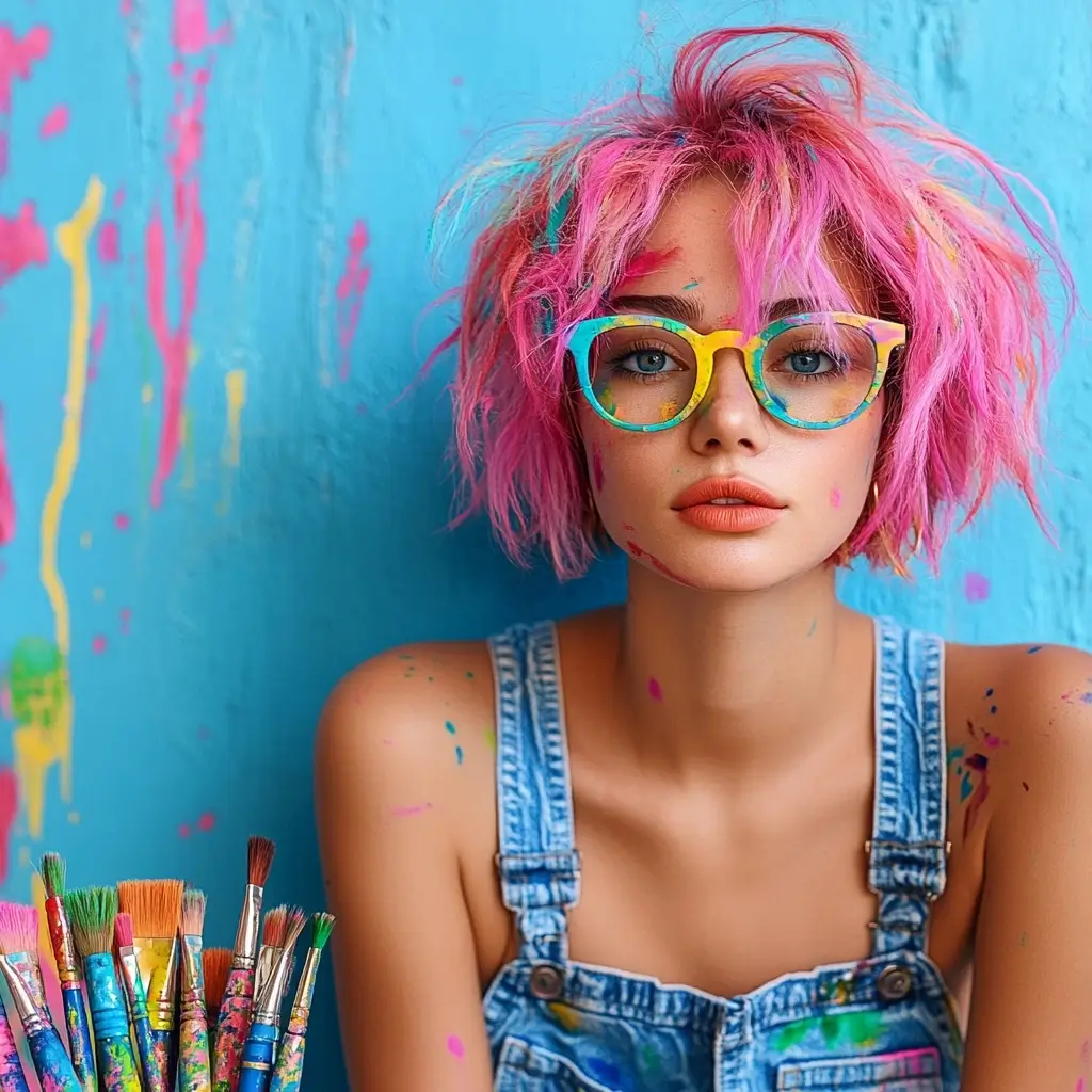 Woman with pink hair and glasses sitting relaxed against a blue wall, looking at the camera.