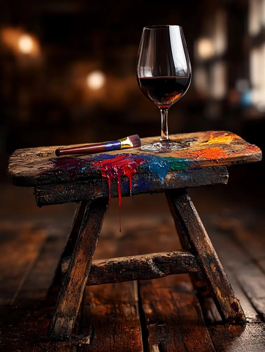 A partially filled glass of deep red wine on a rustic wooden table in a softly lit, cozy room.