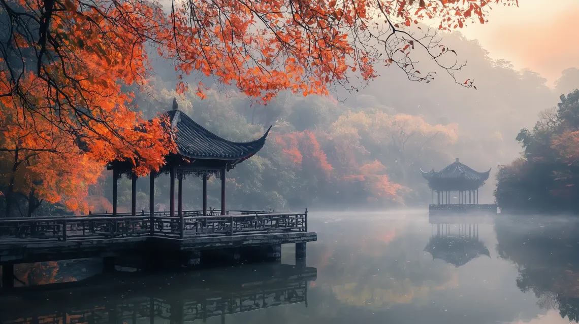 Pavilion atop a tranquil lake surrounded by dense forest, its reflection creating a mirror image on calm waters.