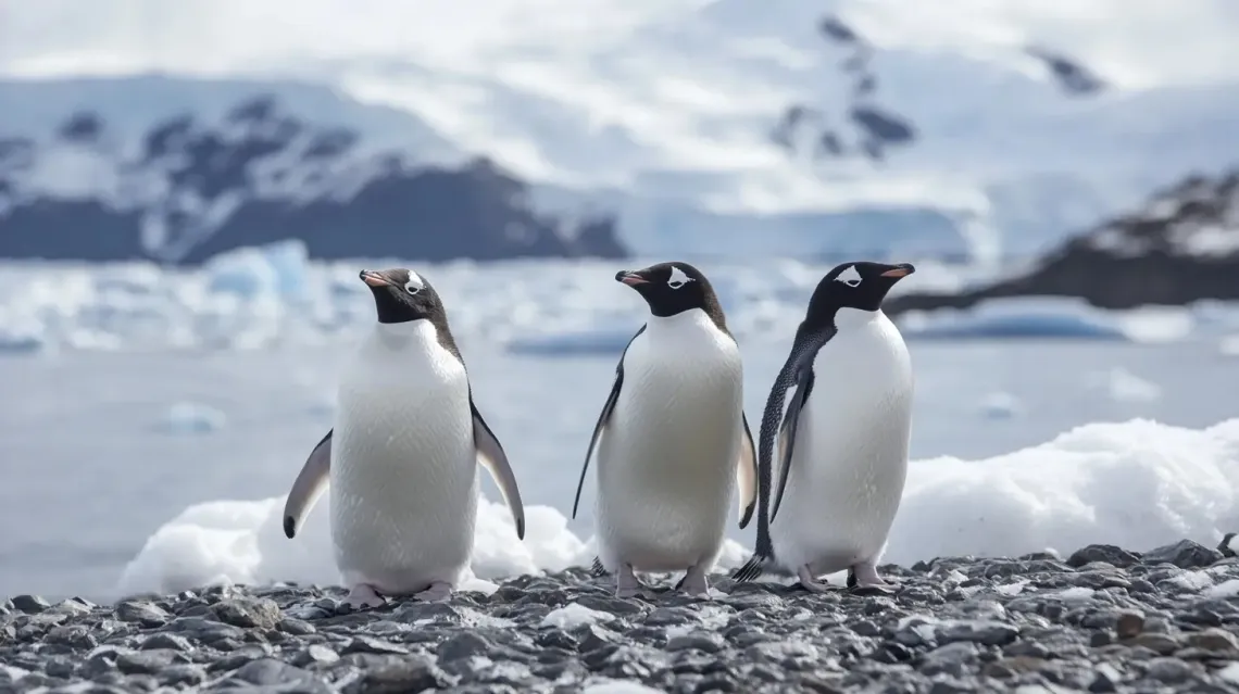 Three penguins standing on a rugged, rocky beach, looking out towards the sea against a clear sky.