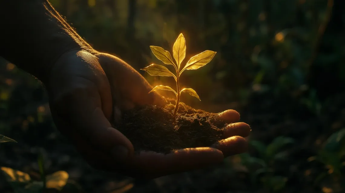 Anonymous person gently cradling a small, delicate plant in their hands against a plain background.