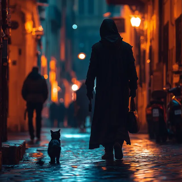 Photo of an alley at night.