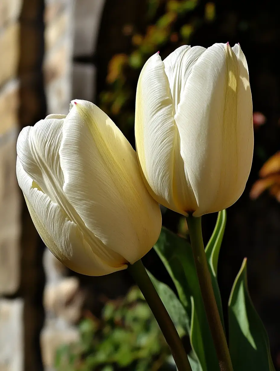 Two beautiful white tulips, under soft lighting.