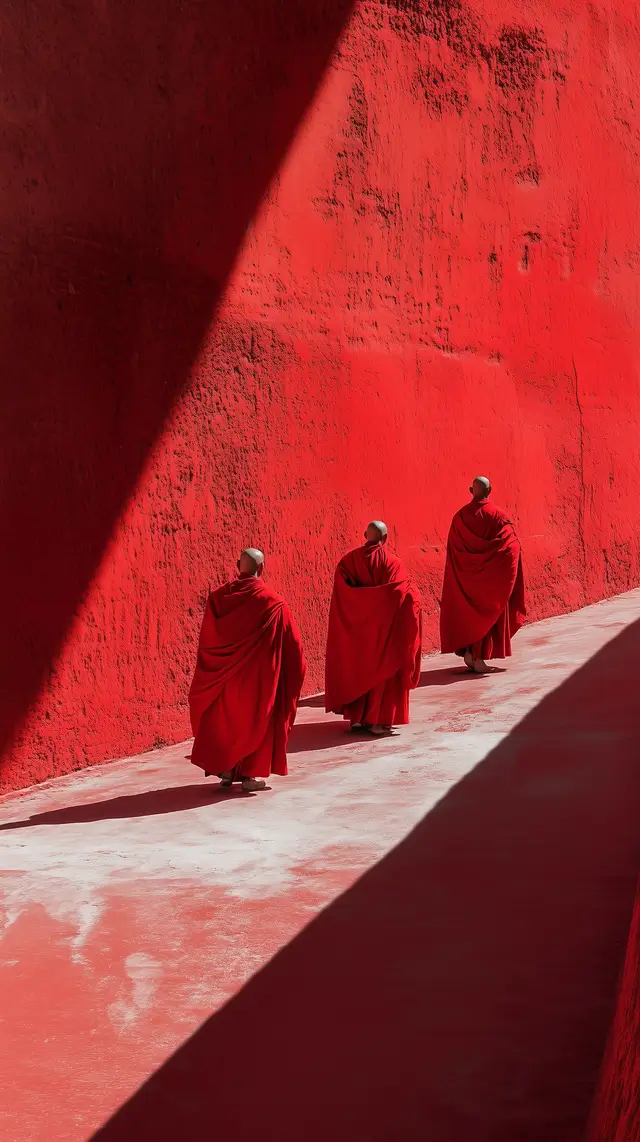 Procession of monks walking through the Potala Palace in a minimalist perspective.