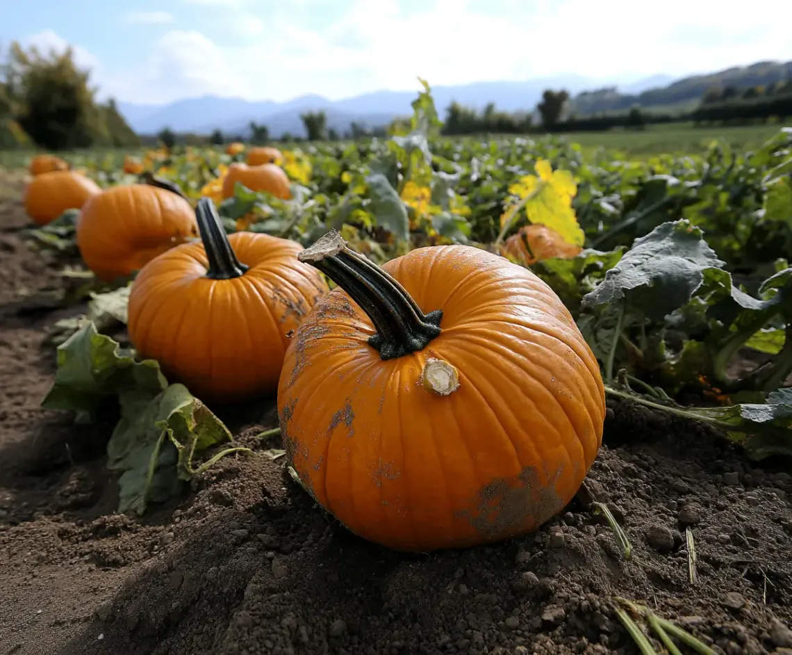 Vast field of ripe orange pumpkins with majestic mountains in the backdrop, depicting autumnal abundance.