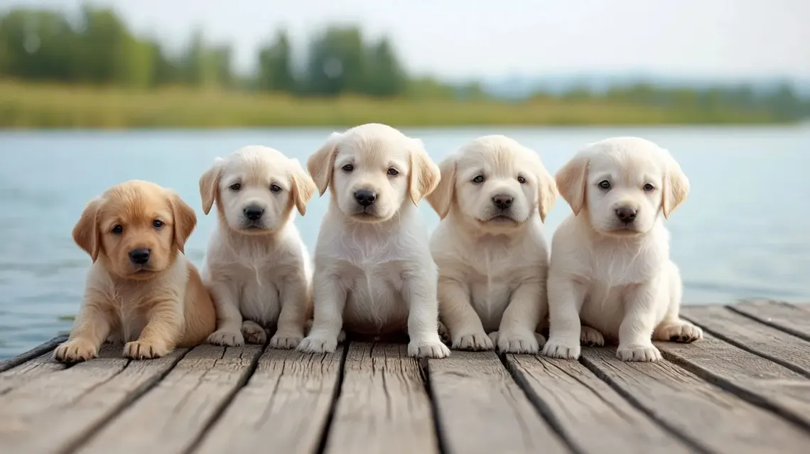 Group of assorted puppies on a rustic dock by a calm lake, their fur glistening in the sunlight.