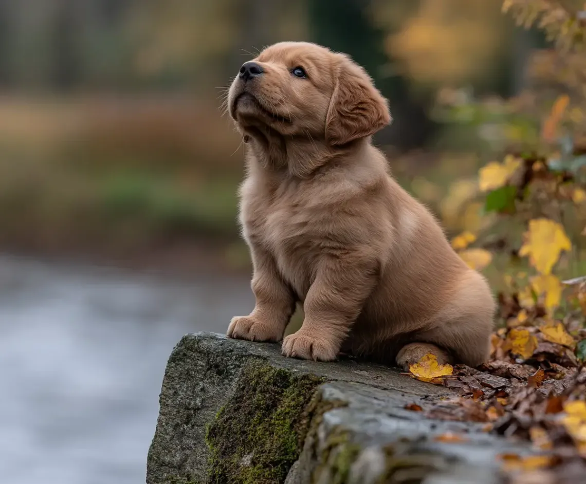 Cute, fluffy puppy sitting on a rough rock and looking upwards with curiosity in nature