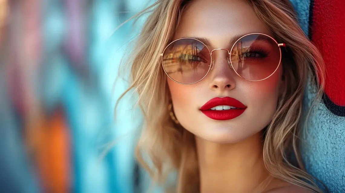 Stylish woman with red lipstick and sunglasses striking a confident pose, exuding sophistication.