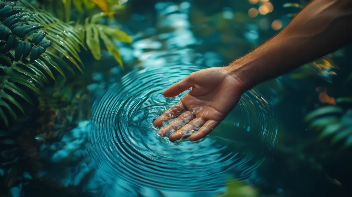 Hand reaching out to a glistening water source.