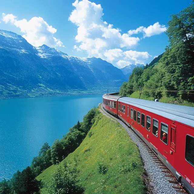 Red Bernina Express train traveling through beautiful Swiss landscape.