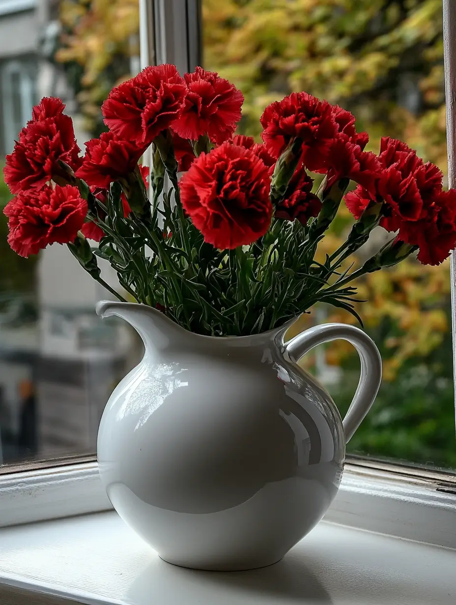 White vase filled with vibrant red flowers against a neutral background, symbolizing love and vitality.