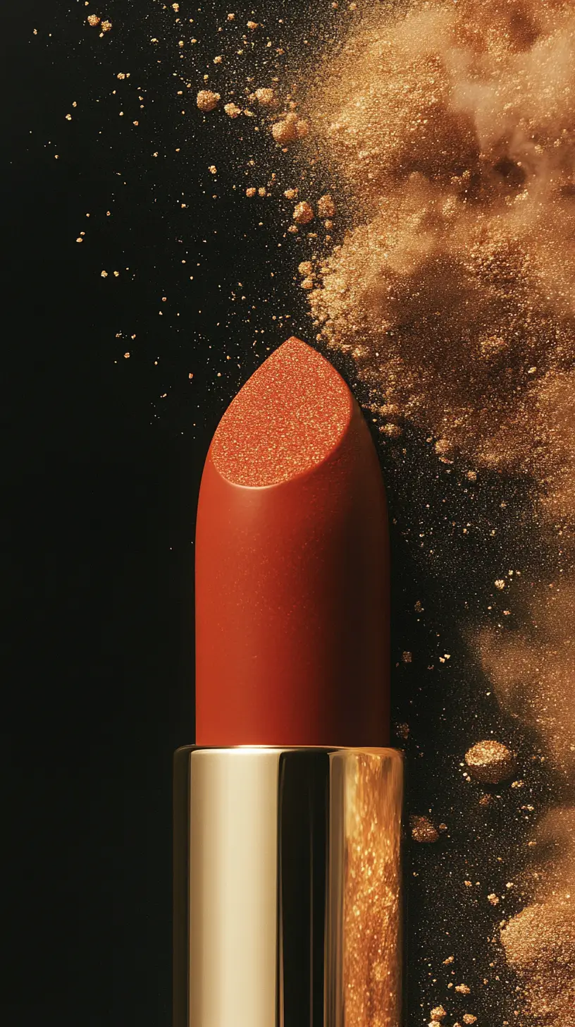 Luxurious red lipstick with a gold rim on a sleek black background, symbolizing beauty and glamour.