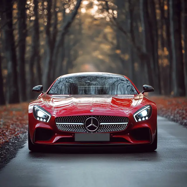 Premium red luxury car on the road, front view.